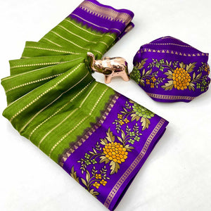 Elegant Green Floral & Striped Pattern Zari Weaving Dola Silk Saree