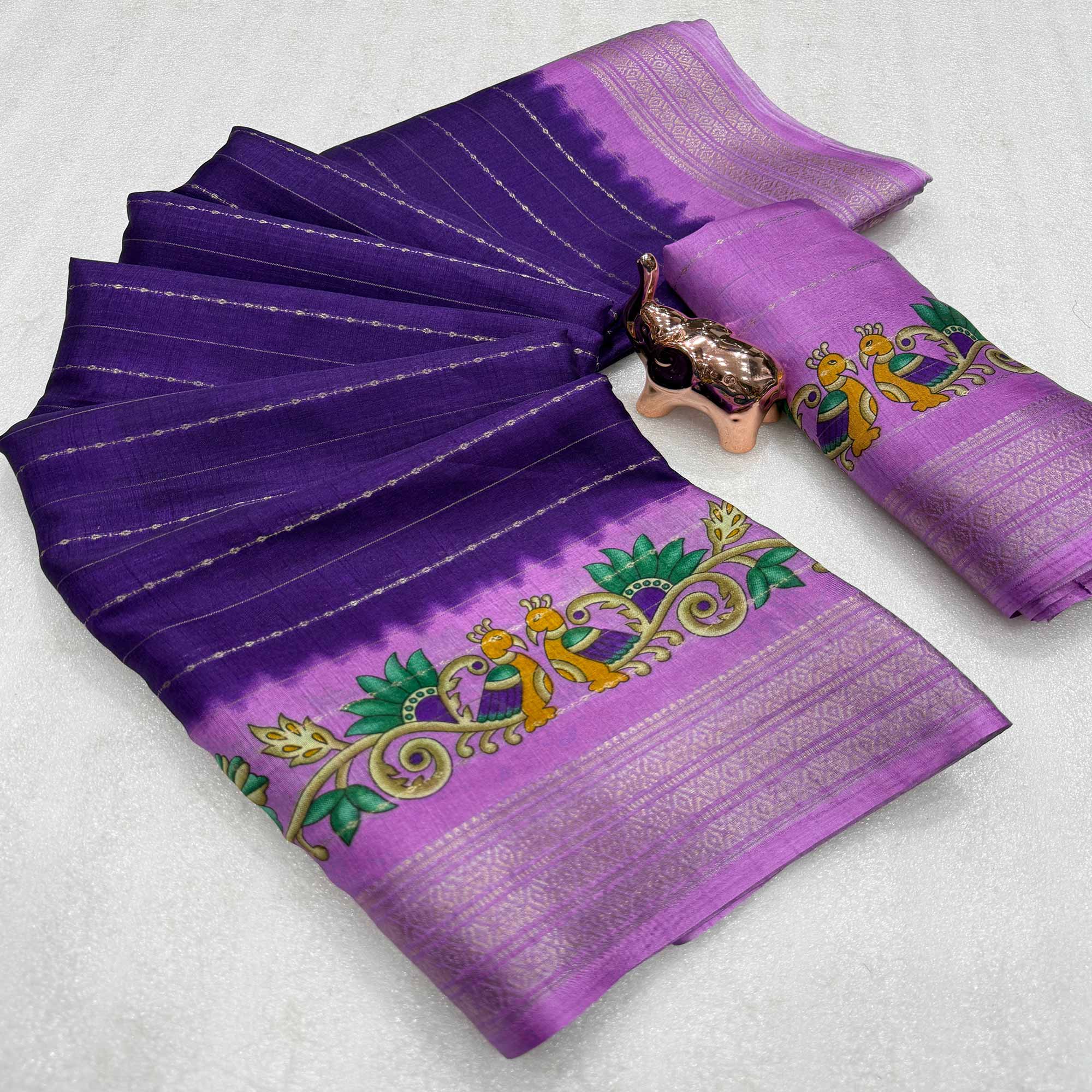 Elegant Purple Floral & Striped Pattern Zari Weaving Dola Silk Saree