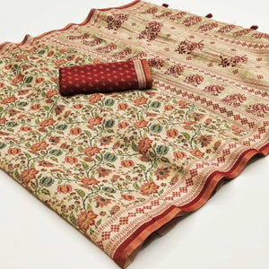 Beige Kalamkari Floral Printed Chanderi Saree