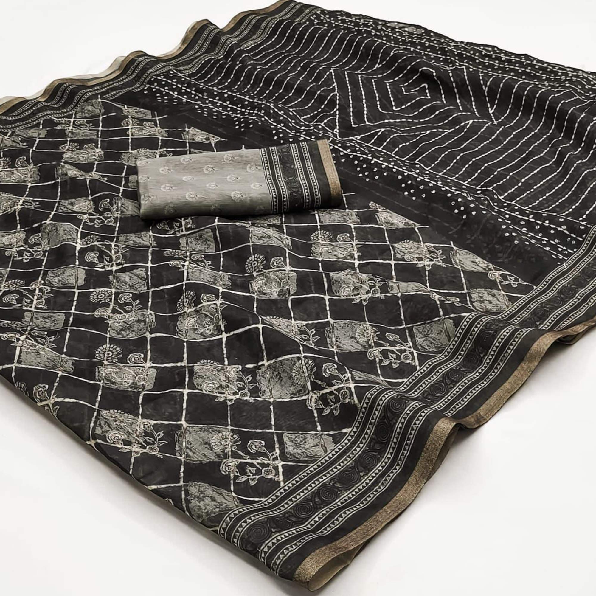 Black Kalamkari Floral Printed Chanderi Saree