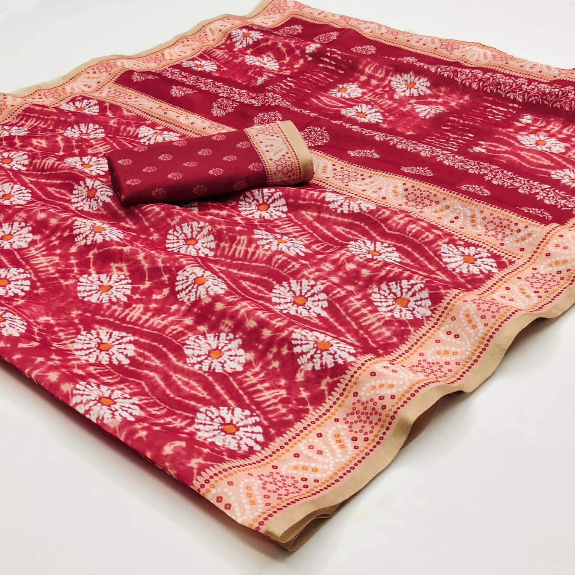 Red Kalamkari Floral Printed Chanderi Saree
