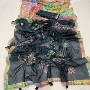 Black Kalamari Printed Chanderi Saree