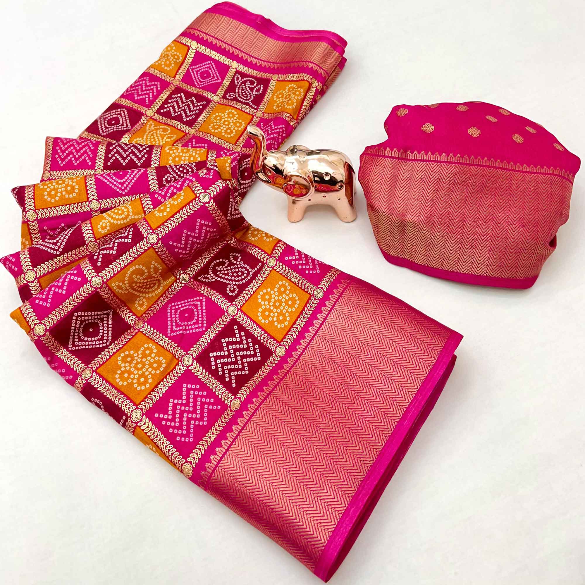 Rani Pink Traditional Bandhani Foil Print Dola Silk Saree With Designer Jacquard Border