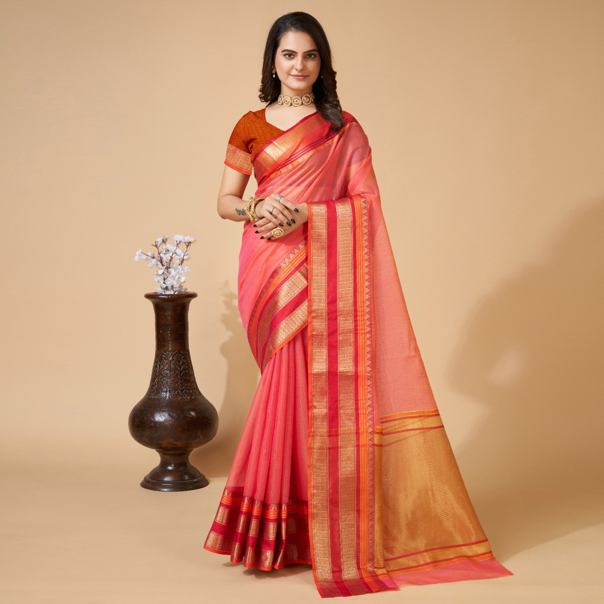 Gajari Pink Woven Kota Doria Saree