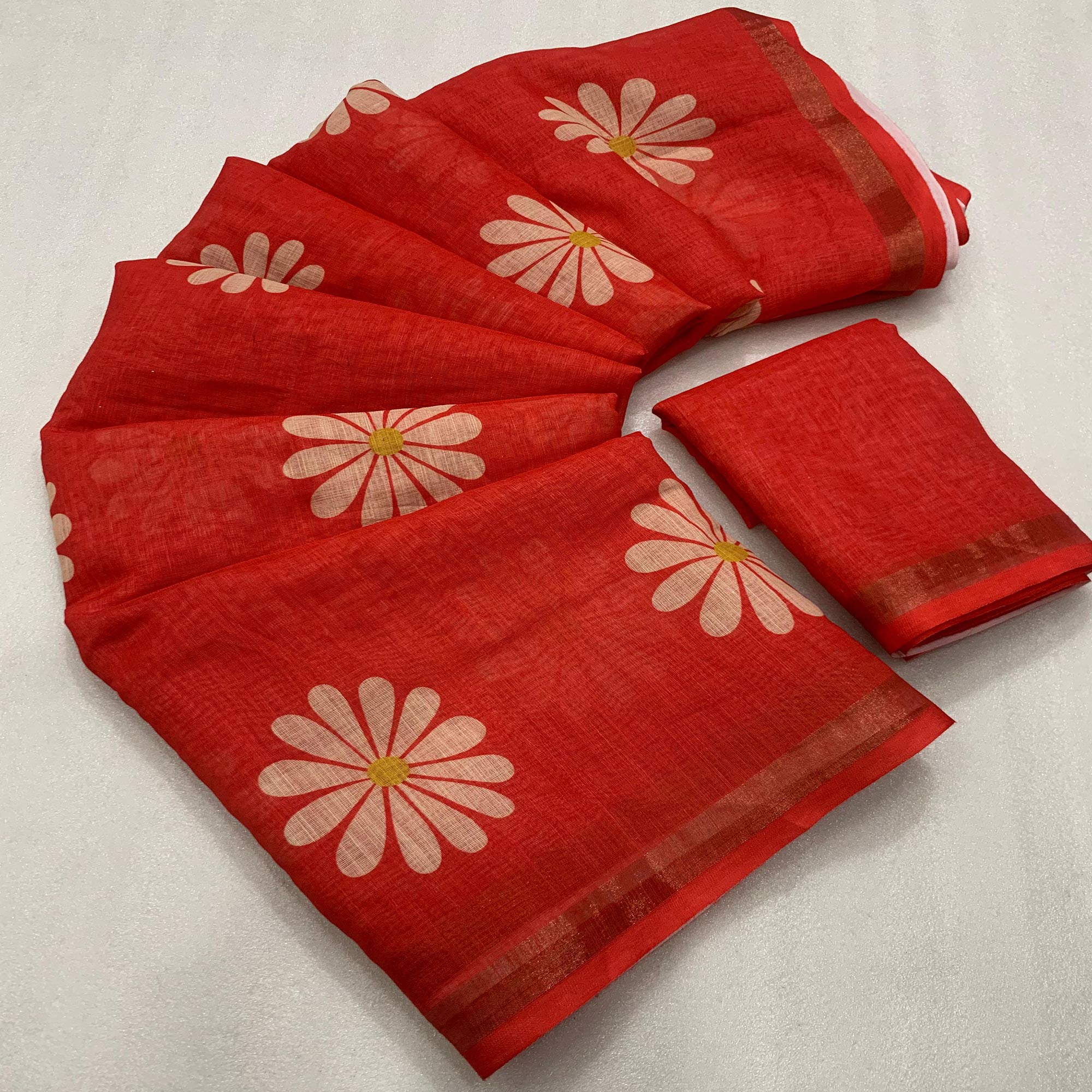 Red Floral Printed Linen Silk Saree With Tassels