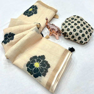 Graceful Cream Floral Printed Saree in Linen Silk with Delicate Tassel Accents