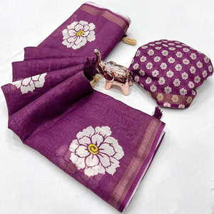Graceful Purple Floral Printed Saree in Linen Silk with Delicate Tassel Accents