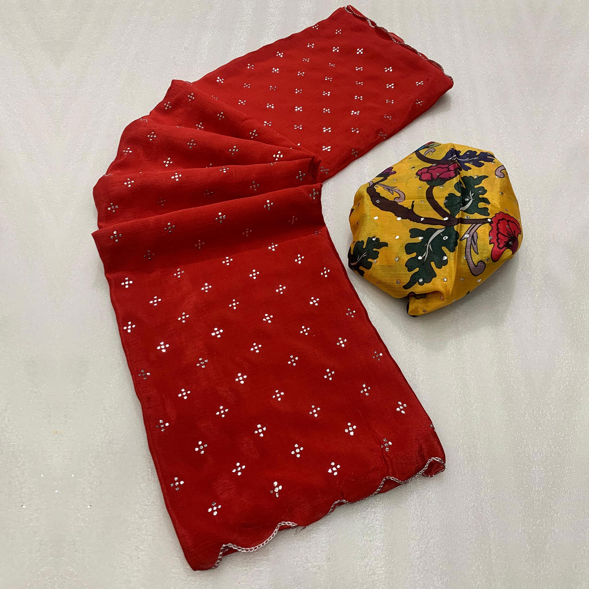 Red Mukaish Work Chinon Saree