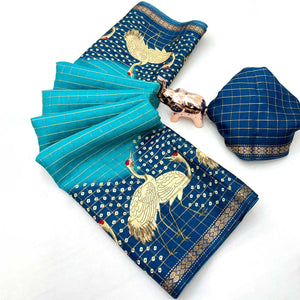 Elegant Blue Checks Weaving Tussar Silk Blend Saree Adorned With Artistic Bird Prints