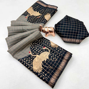 Elegant Grey & Black Checks Weaving Tussar Silk Blend Saree Adorned With Artistic Bird Prints