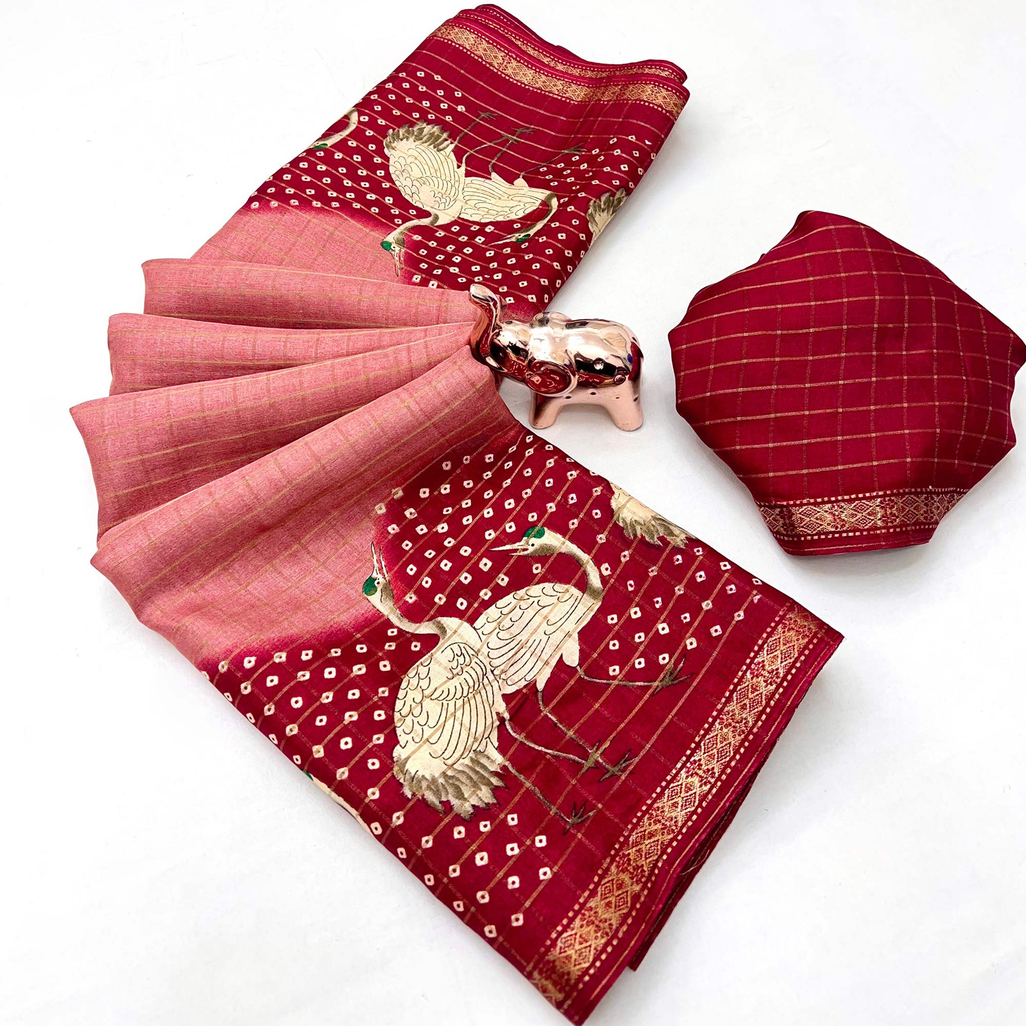 Elegant Peach & Maroon Checks Weaving Tussar Silk Blend Saree Adorned With Artistic Bird Prints