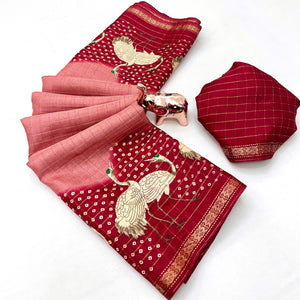 Elegant Peach & Maroon Checks Weaving Tussar Silk Blend Saree Adorned With Artistic Bird Prints
