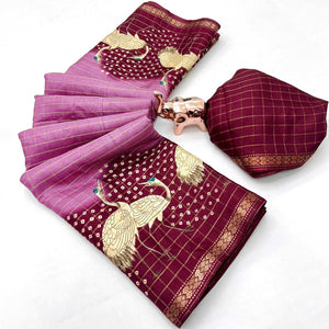 Elegant Purple & Wine Checks Weaving Tussar Silk Blend Saree Adorned With Artistic Bird Prints