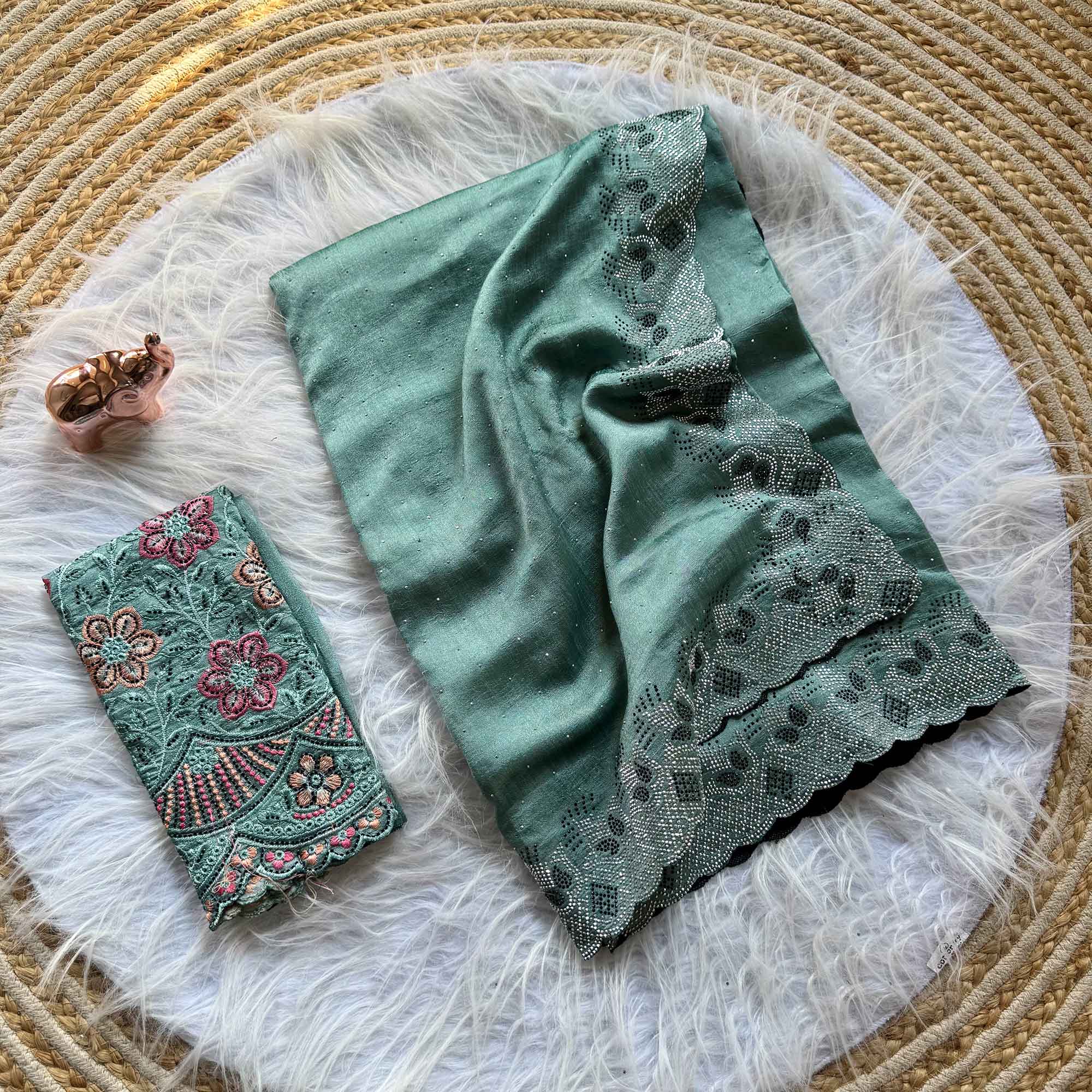 Elegant Dusty Turquoise Vichitra Silk Saree Adorned with Sparkling Swarovski Work & Jarkan Border