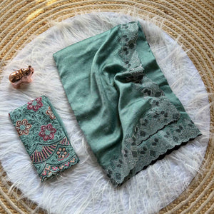 Elegant Dusty Turquoise Vichitra Silk Saree Adorned with Sparkling Swarovski Work & Jarkan Border