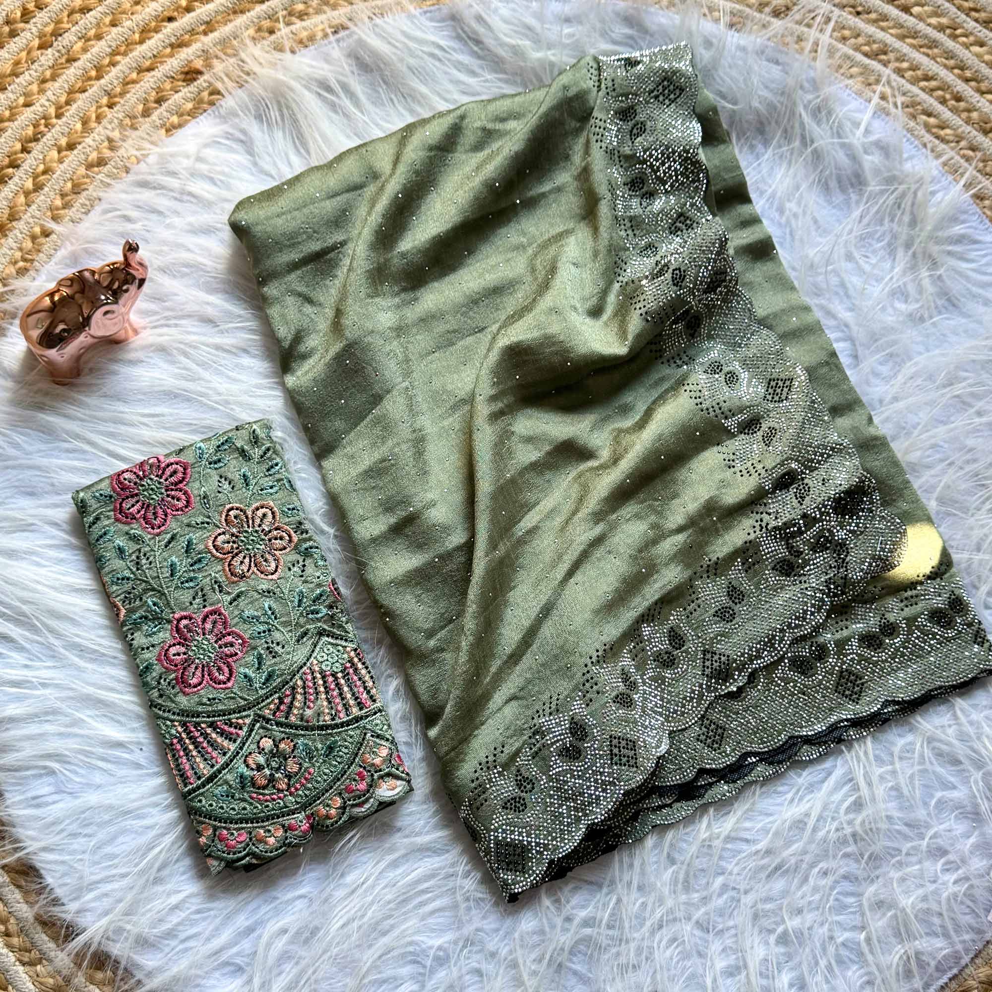 Elegant Green Vichitra Silk Saree Adorned with Sparkling Swarovski Work & Jarkan Border