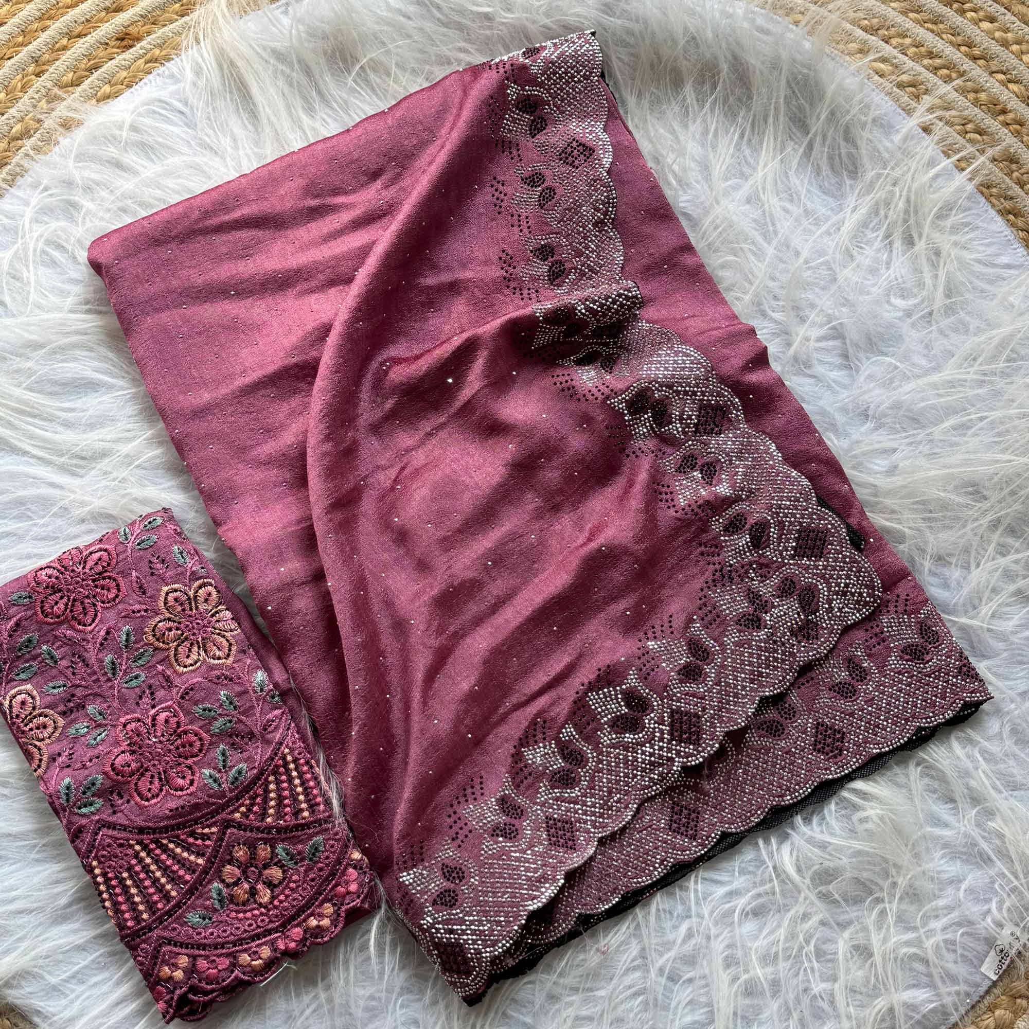 Elegant Mauve Vichitra Silk Saree Adorned with Sparkling Swarovski Work & Jarkan Border