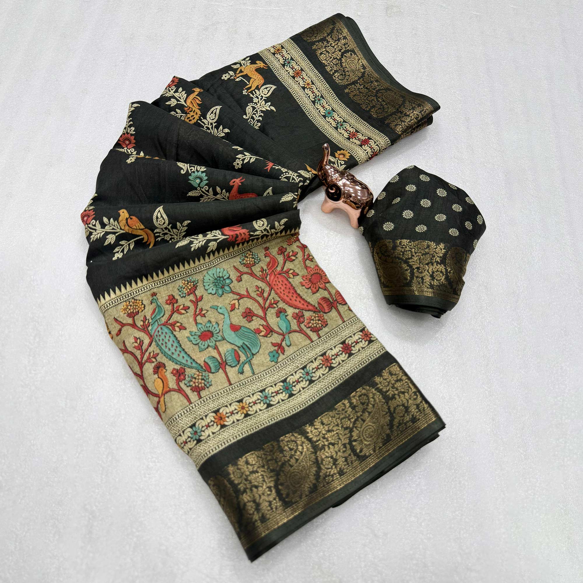 Designer Mehendi Green Dola Silk Saree Featuring Intricate Floral Zari Weaving