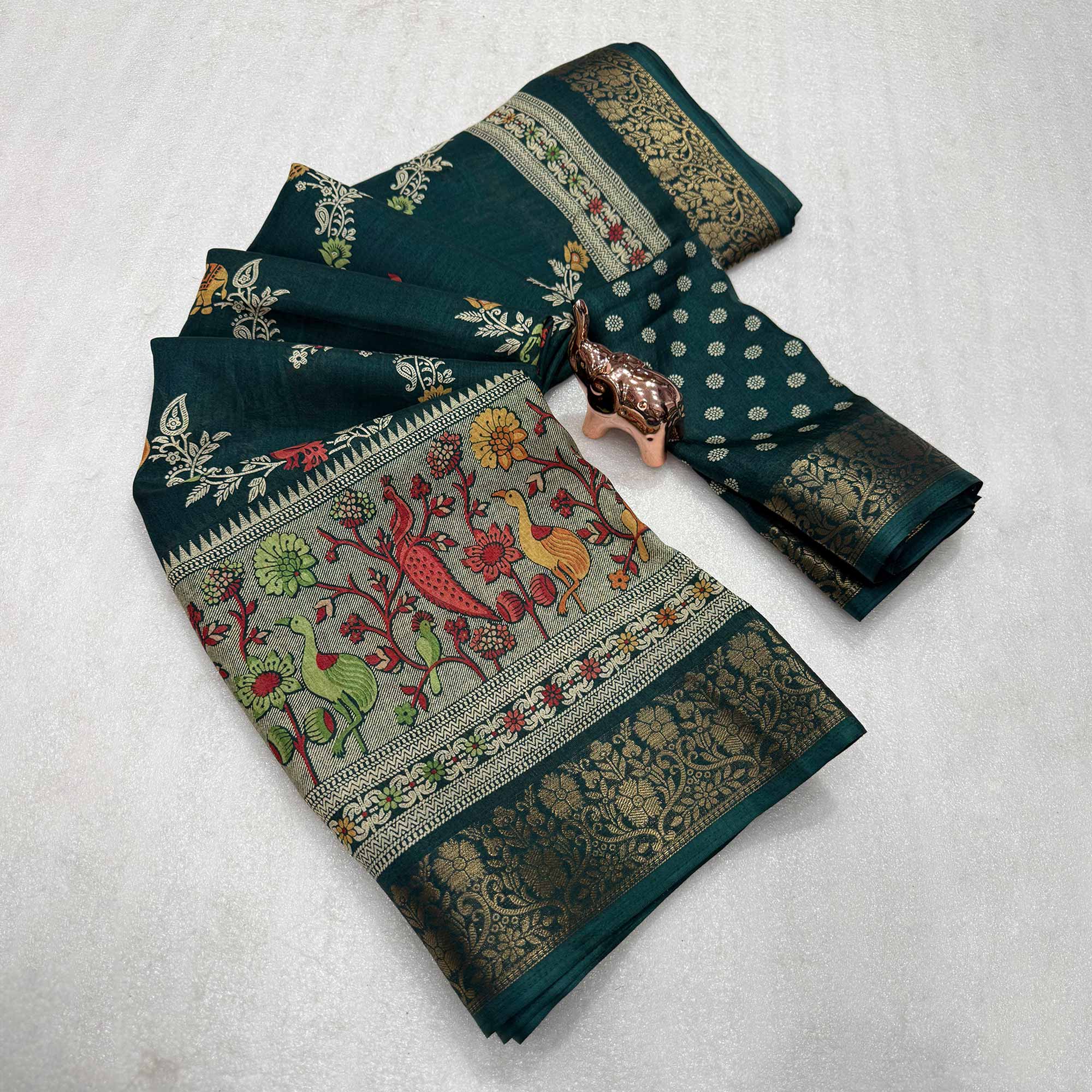 Designer Morpich Green Dola Silk Saree Featuring Intricate Floral Zari Weaving