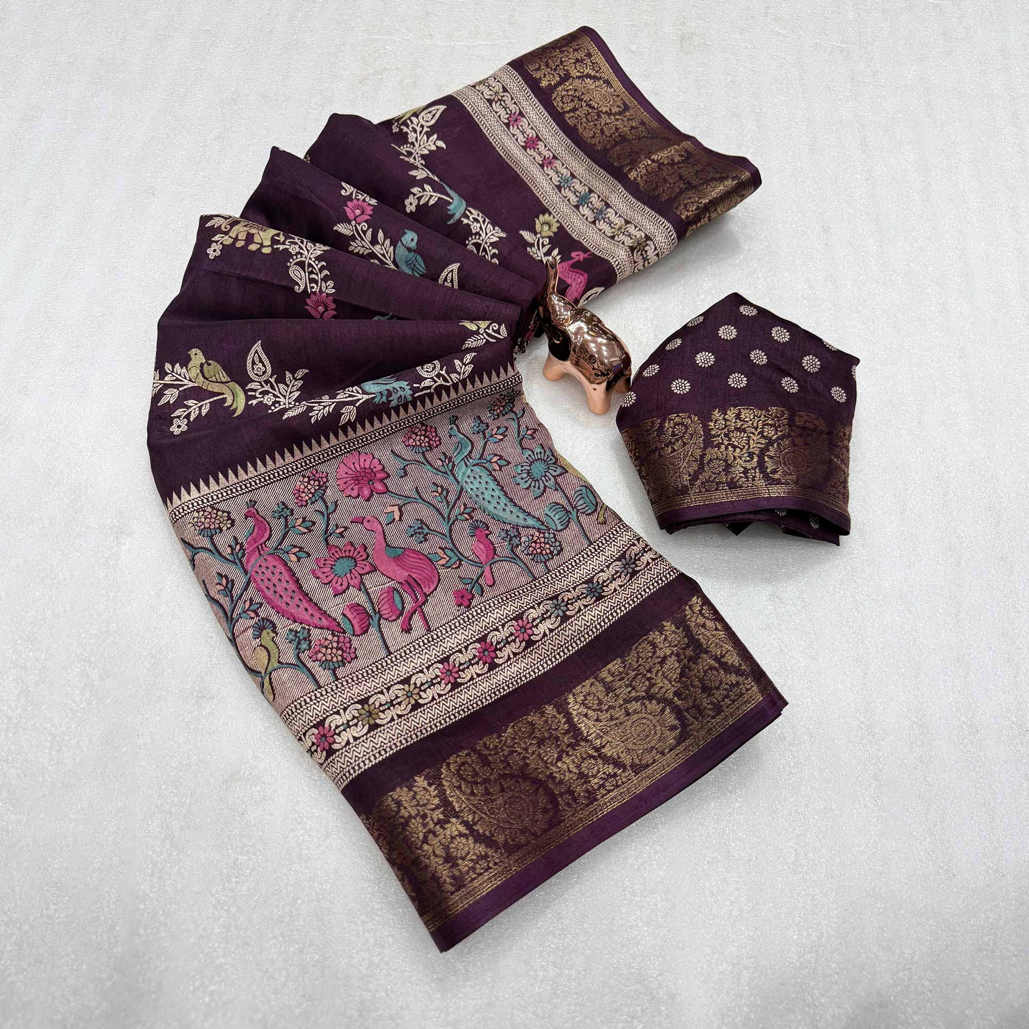 Designer Wine Dola Silk Saree Featuring Intricate Floral Zari Weaving