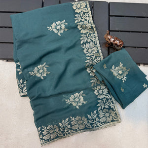 Stunning Dusty Turquoise Georgette Saree with Floral Zari Embroidery & Ornate Cutwork Border