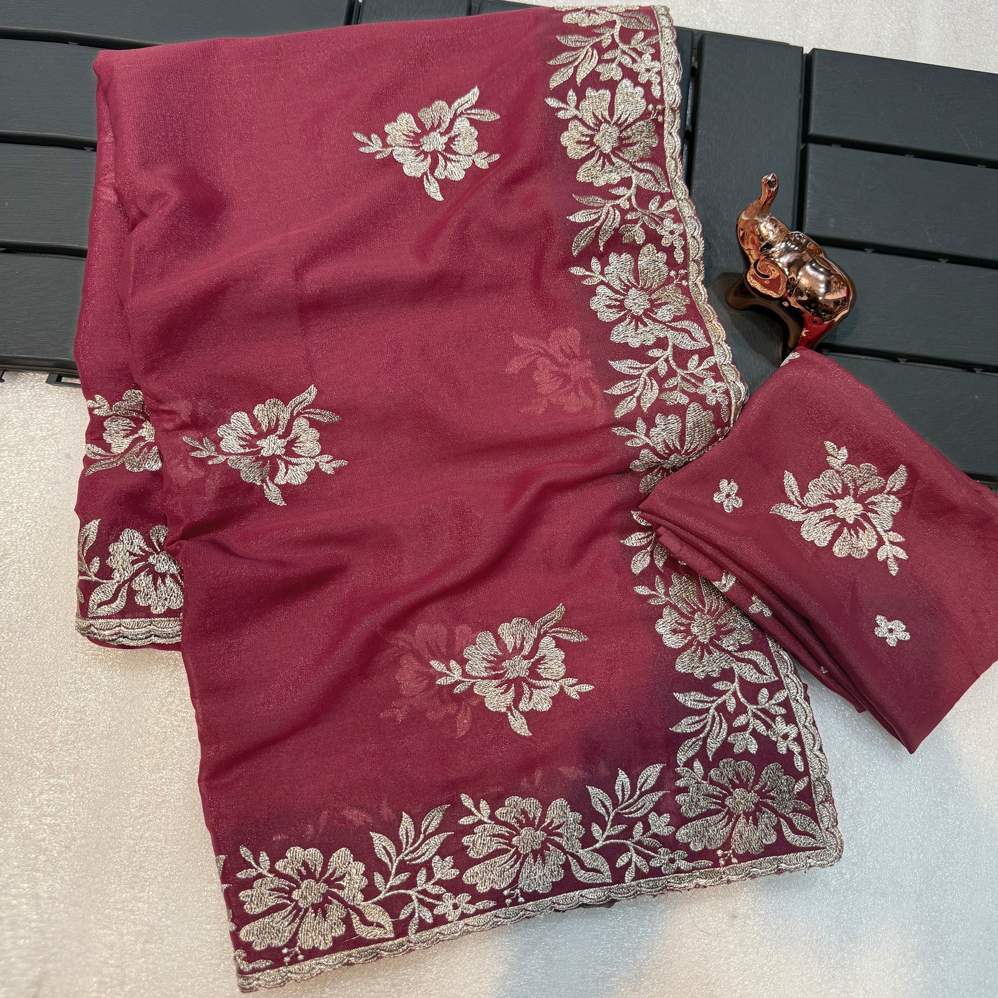Stunning Light Maroon Georgette Saree with Floral Zari Embroidery & Ornate Cutwork Border
