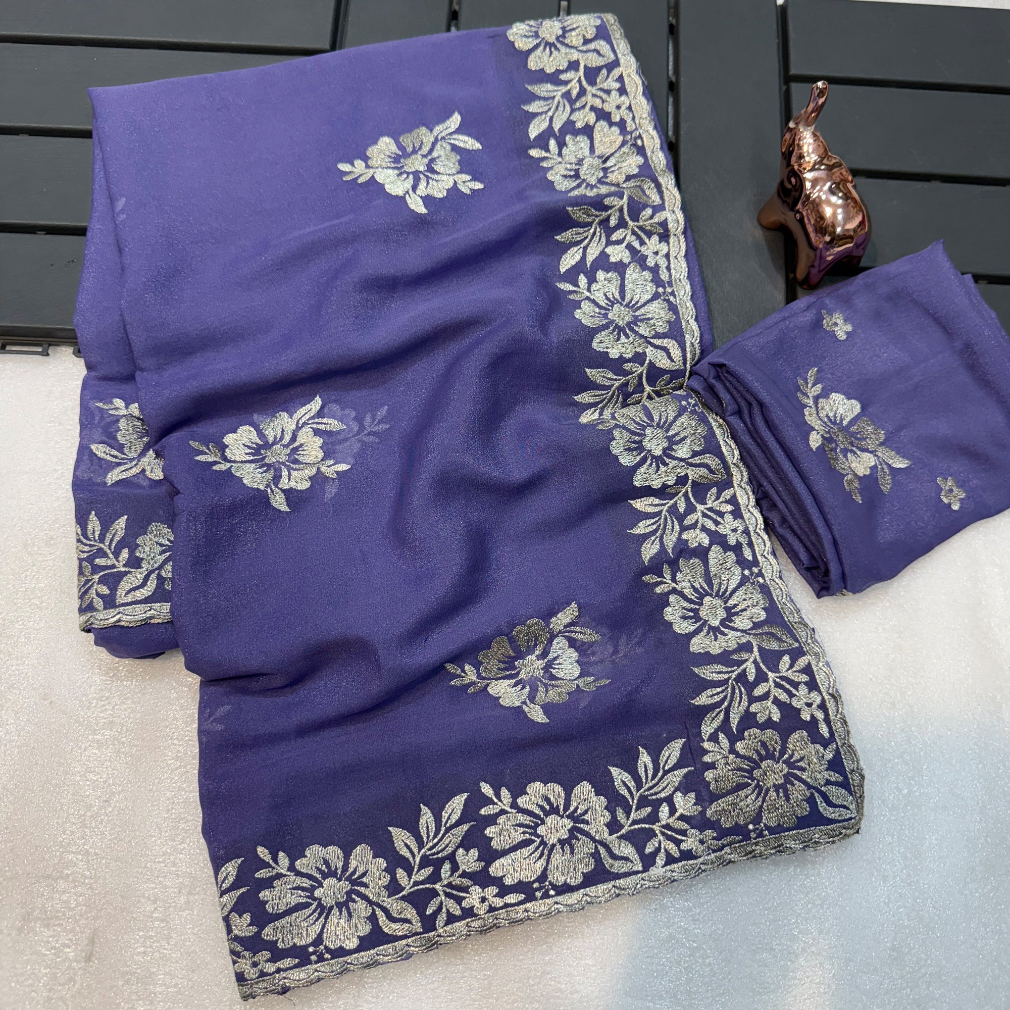 Stunning Majorelle Blue Georgette Saree with Floral Zari Embroidery & Ornate Cutwork Border