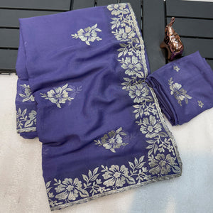 Stunning Majorelle Blue Georgette Saree with Floral Zari Embroidery & Ornate Cutwork Border