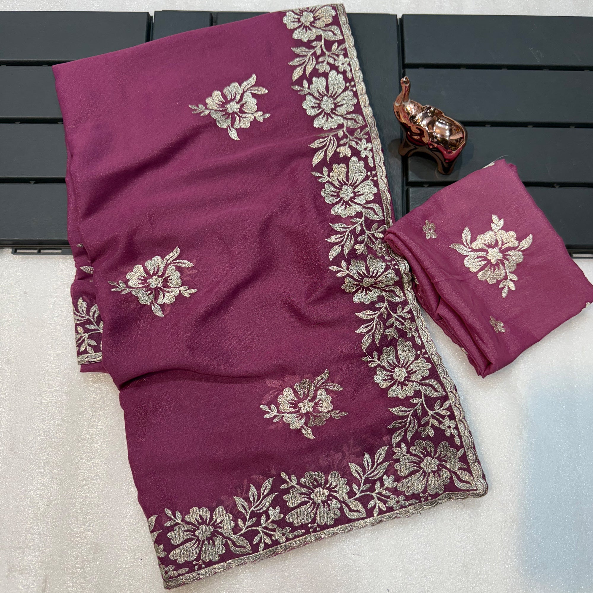 Stunning Wine Georgette Saree with Floral Zari Embroidery & Ornate Cutwork Border