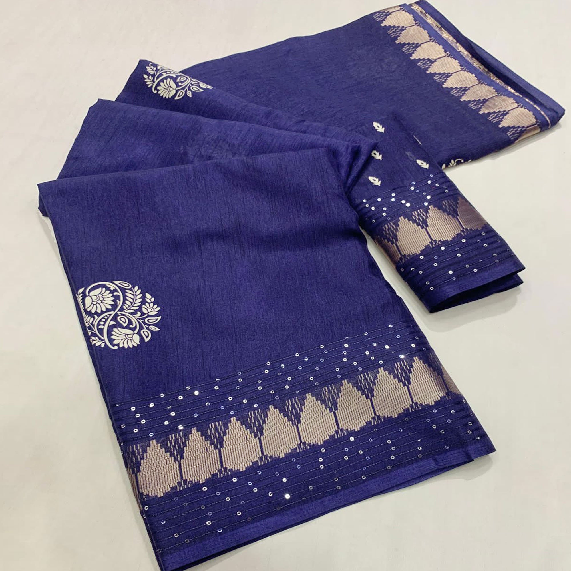 Blue Floral Printed Dola Silk Saree With Sequins Border