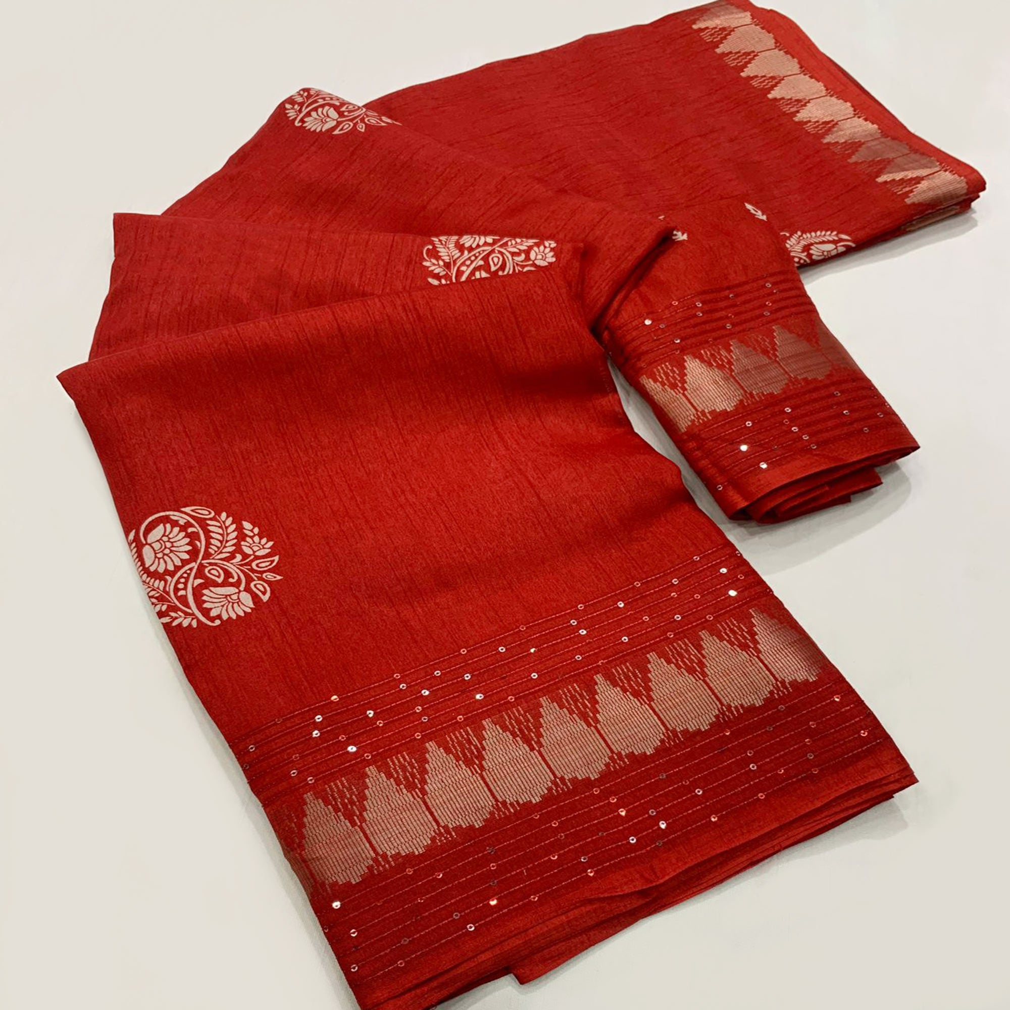 Red Floral Printed Dola Silk Saree With Sequins Border