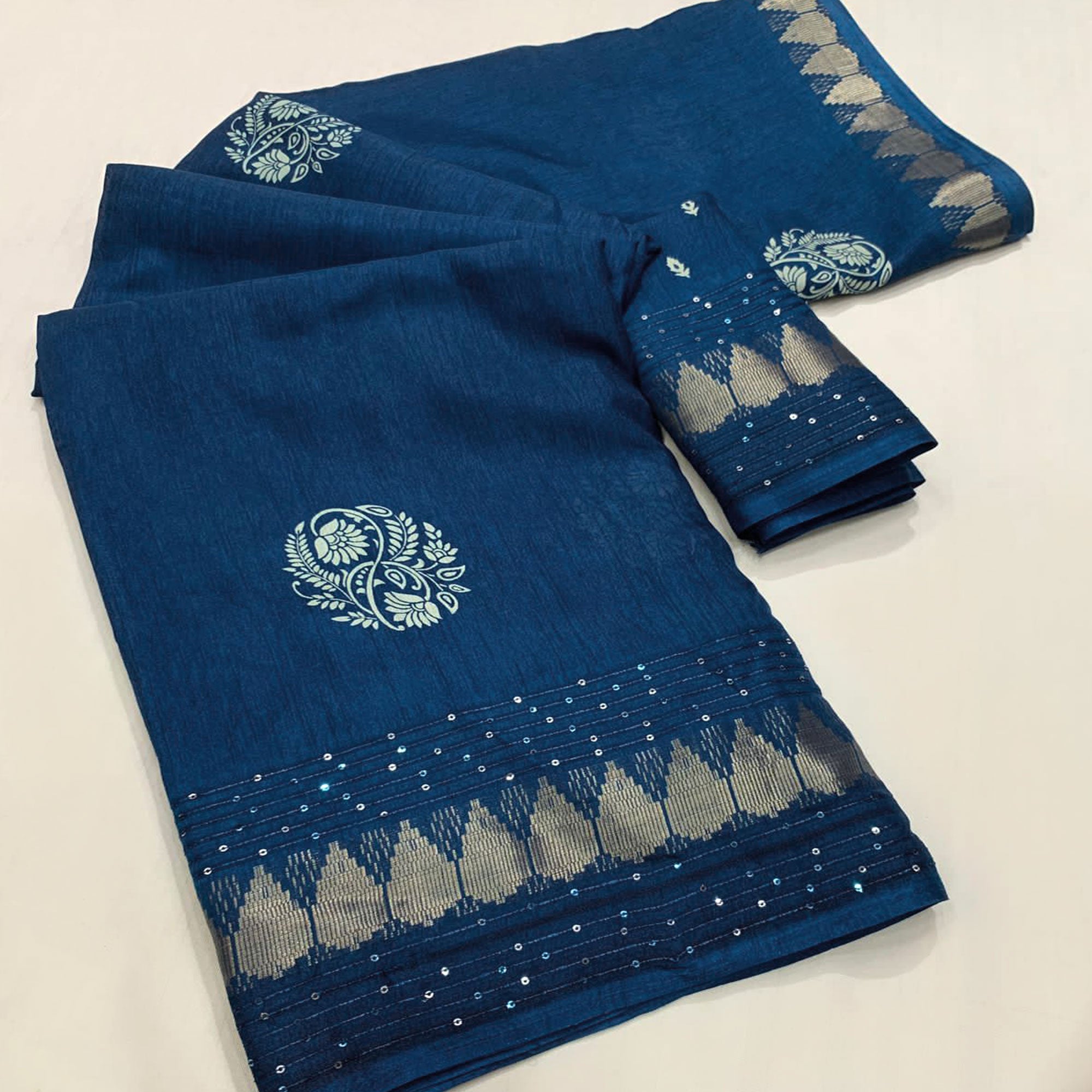 Teal Floral Printed Dola Silk Saree With Sequins Border