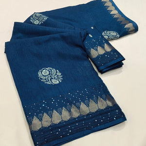 Teal Floral Printed Dola Silk Saree With Sequins Border