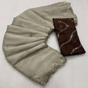 Beige Floral Sequins Embroidered Chiffon Saree