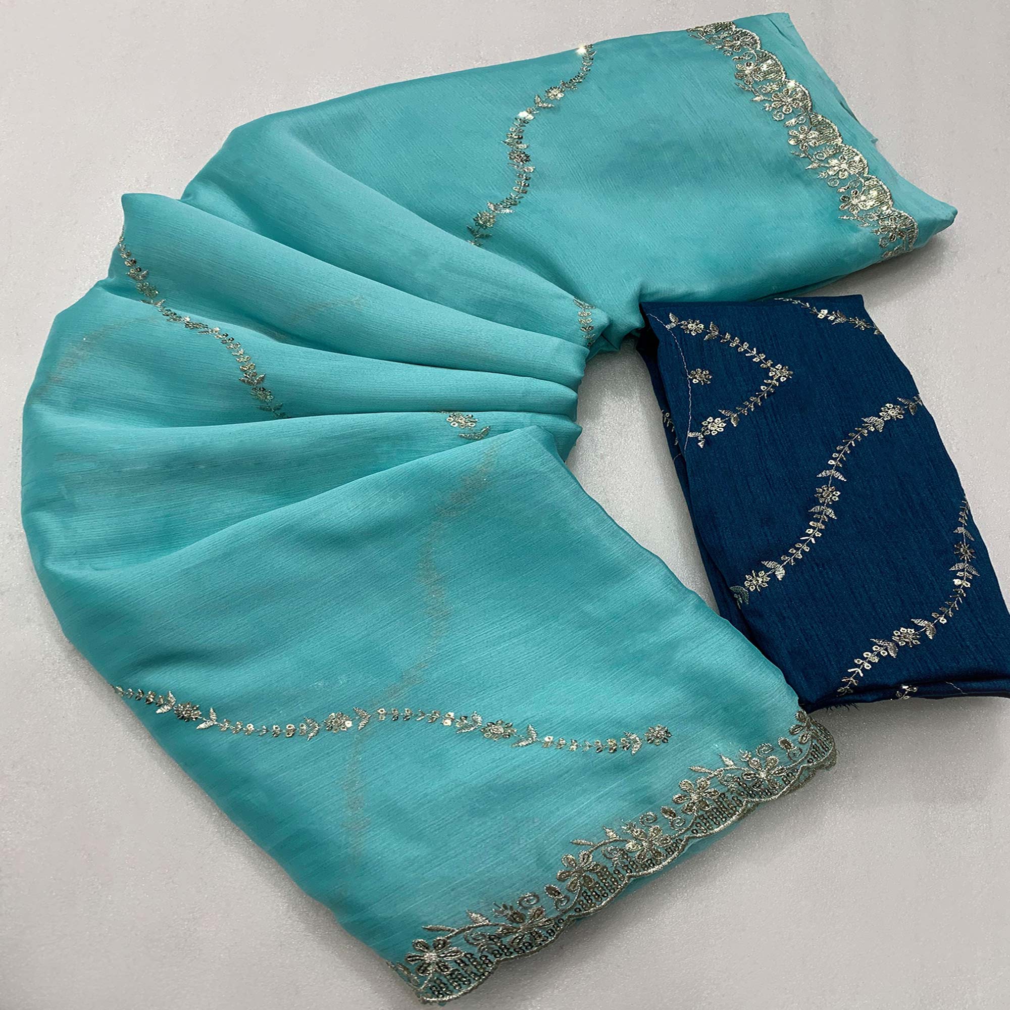 Blue Floral Sequins Embroidered Chiffon Saree