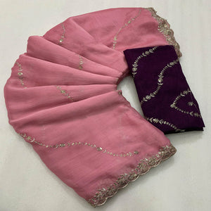 Pink Floral Sequins Embroidered Chiffon Saree