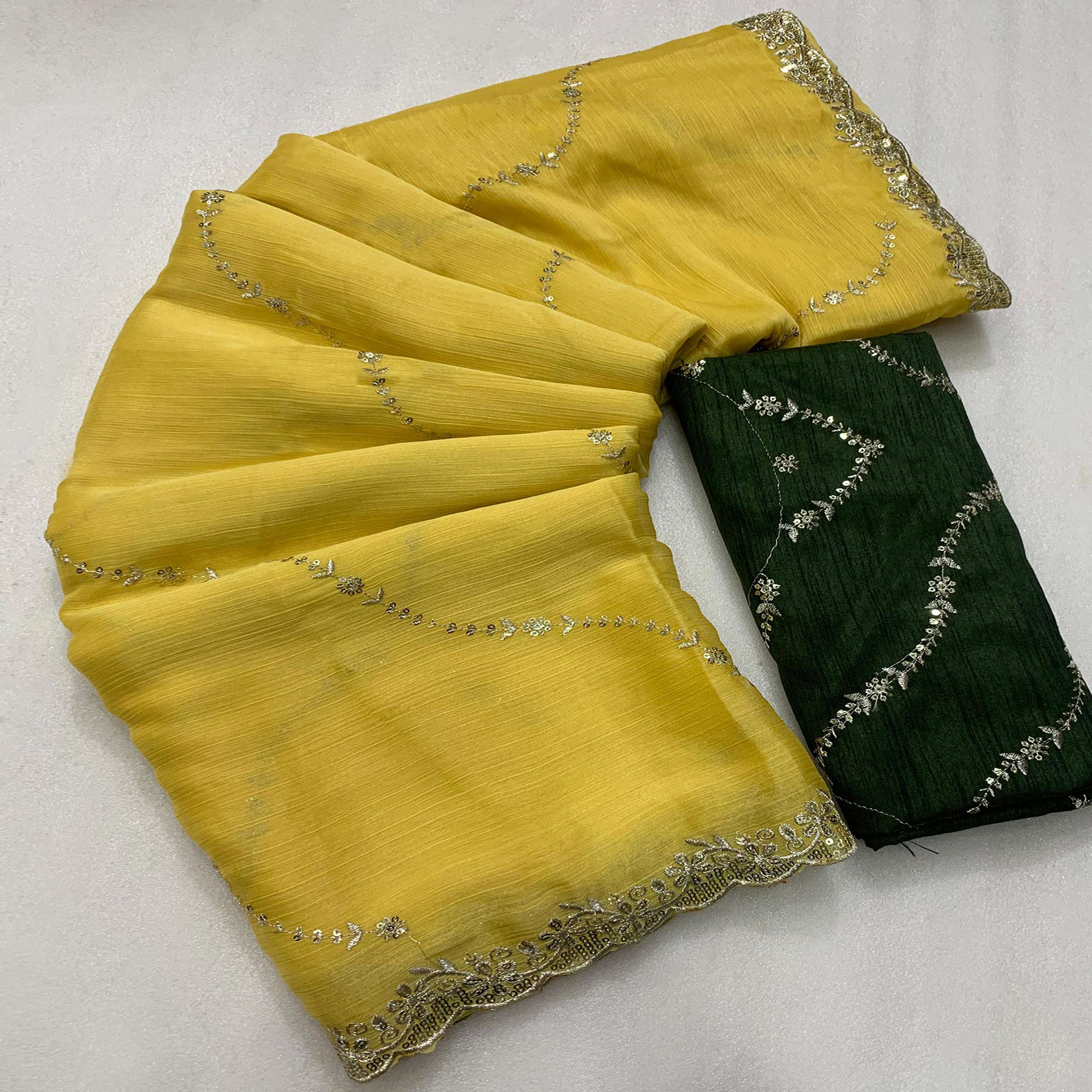 Yellow Floral Sequins Embroidered Chiffon Saree