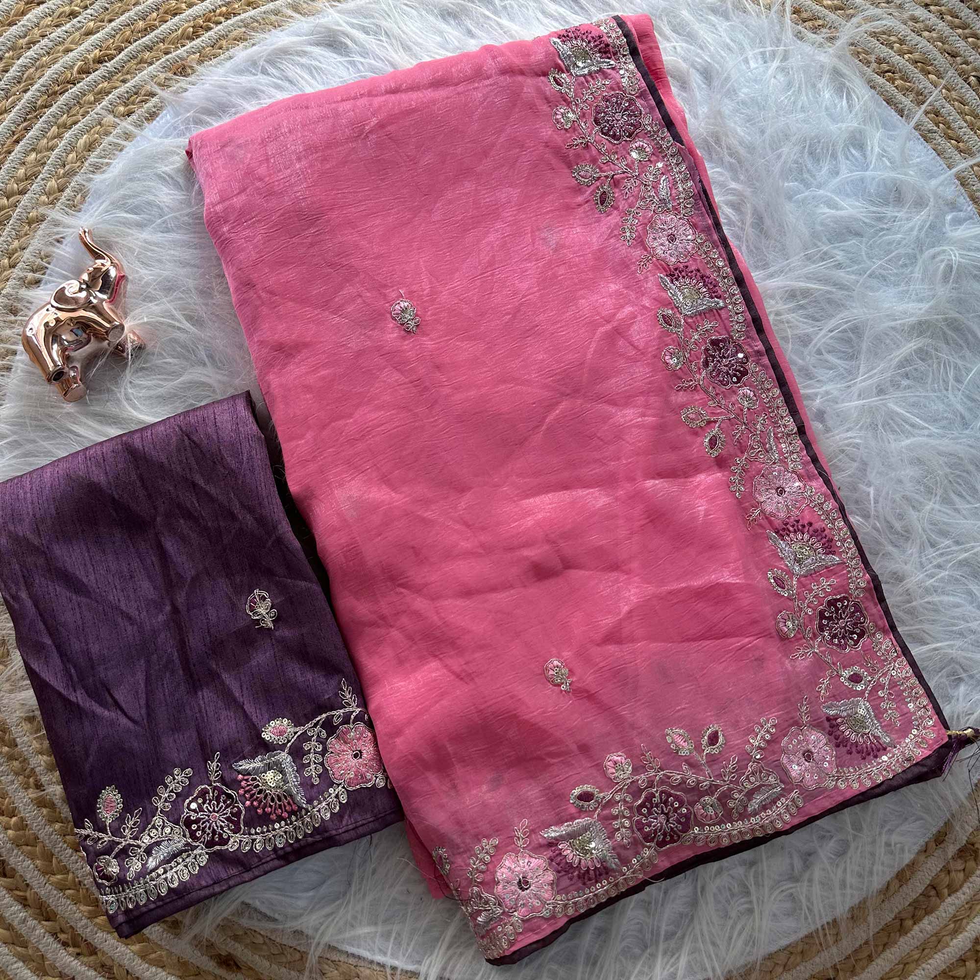 Pink Pure Silk Saree Showcasing Floral Sequins Embroidery With A Decorative Tassel Pallu