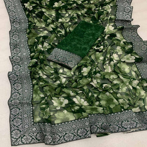 Green Floral Printed Georgette Saree With Woven Border