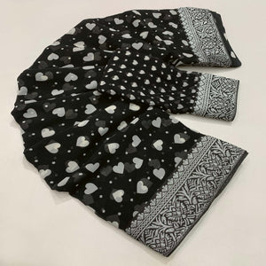 Black Heart Printed Georgette Saree With Woven Border
