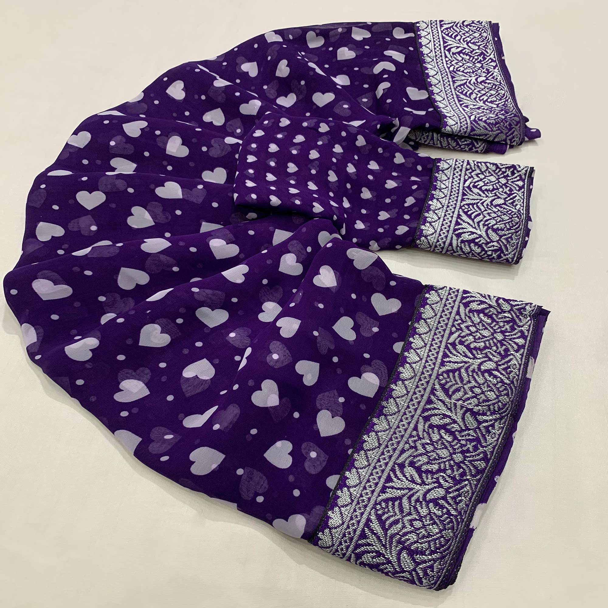 Purple Heart Printed Georgette Saree With Woven Border