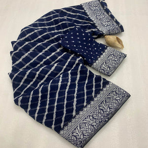 Blue Leheriya Printed Georgette Saree With Woven Border