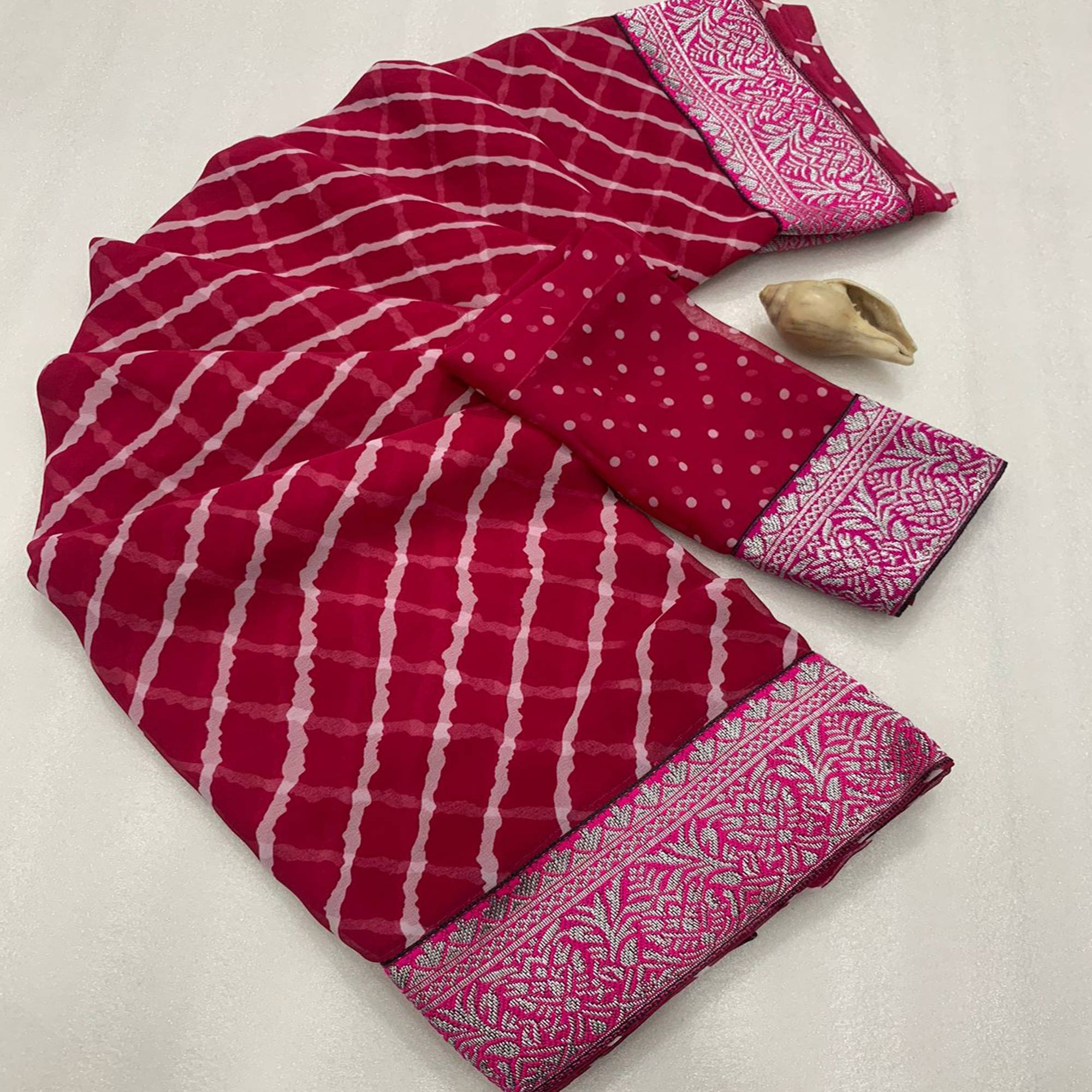 Pink Leheriya Printed Georgette Saree With Woven Border