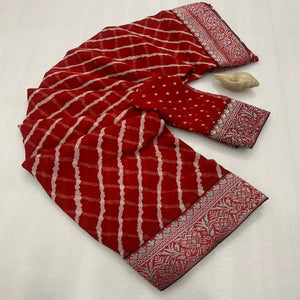 Red Leheriya Printed Georgette Saree With Woven Border