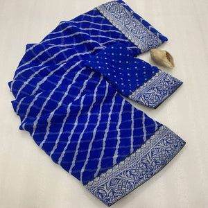 Royal Blue Leheriya Printed Georgette Saree With Woven Border