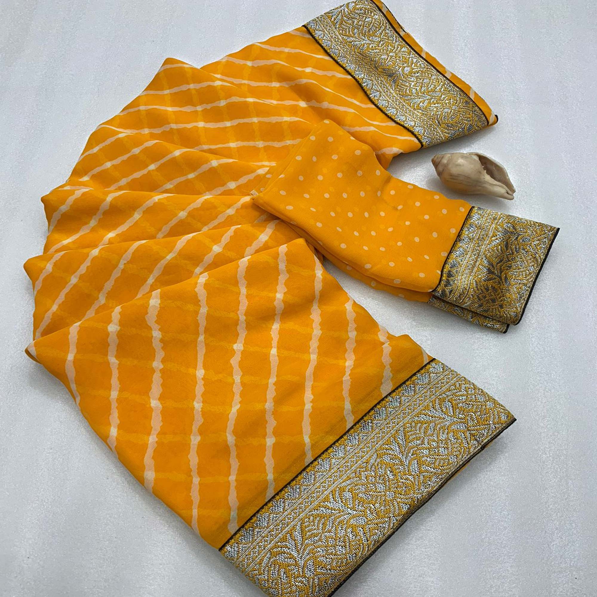 Yellow Leheriya Printed Georgette Saree With Woven Border