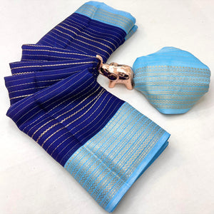 Classic Blue Marshmallow Jacquard Saree Adorned With Refined Striped Zari Weaving Patterns