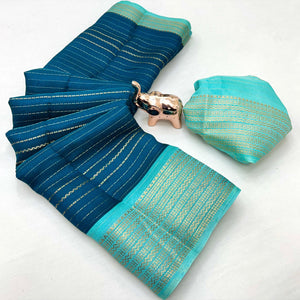 Classic Teal Marshmallow Jacquard Saree Adorned With Refined Striped Zari Weaving Patterns