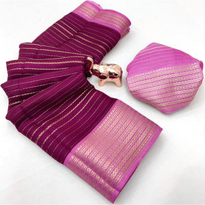 Classic Wine Marshmallow Jacquard Saree Adorned With Refined Striped Zari Weaving Patterns