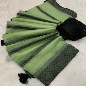 Green Woven Net Saree With Tassels